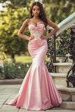 Sweetheart Satin Blush Beaded Mermaid Prom Dress with Bow