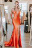 Mermaid Orange Beaded Sweetheart Satin Prom Dress with Slit