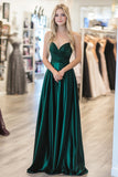 Dark Green A Line Sweetheart Satin Pleated Prom Dress