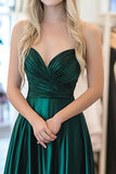 Dark Green A Line Sweetheart Satin Pleated Prom Dress