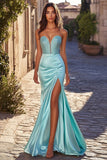 Blue Sheath Beaded Sweetheart Satin Prom Dress with Slit