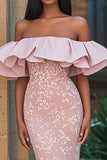 Blush Ruffled Off the Shoulder Mermaid Prom Dress