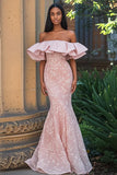 Blush Ruffled Off the Shoulder Mermaid Prom Dress