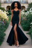 Black Corset Mermaid Satin Prom Dress with Slit