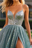 Beaded Tulle A Line Dusty Blue Prom Dress with Slit