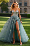 Beaded Tulle A Line Dusty Blue Prom Dress with Slit