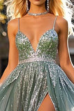 Sparkly Dusty Blue Beaded A Line Tulle Prom Dress with Slit