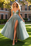 Sparkly Dusty Blue Beaded A Line Tulle Prom Dress with Slit