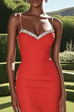 Red Satin Sheath Beaded Prom Dress with Slit