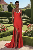 Red Satin Sheath Beaded Prom Dress with Slit