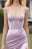 Lilac Ruched Satin Spaghetti Straps Sheath Prom Dress with Slit