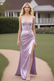 Lilac Ruched Satin Spaghetti Straps Sheath Prom Dress with Slit