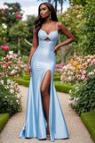 Sky Blue Satin Keyhole Beaded Sheath Prom Dress with Slit