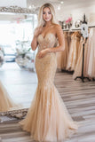 Sequined Gold Sweetheart Mermaid Prom Dress with Lace-up Back