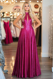 Sparkly Fuchsia Pleated A Line Halter Satin Prom Dress