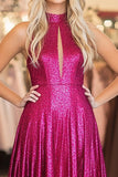 Sparkly Fuchsia Pleated A Line Halter Satin Prom Dress