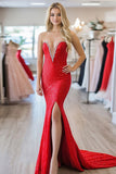 Mermaid Sequined Sweetheart Red Prom Dress with Slit