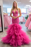 Ruffled Fit and Flare Sweetheart Tulle Lace Fuchsia Prom Dress