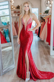 Sparkly Red Mermaid V Neck Prom Dress with Slit