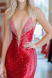 Sparkly Red Mermaid V Neck Prom Dress with Slit