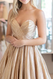 Pleated Gold Metallic Satin A Line Sweetheart Prom Dress