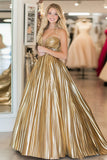 Gold Sun-Pleated A Line Sweetheart Metallic Satin Prom Dress