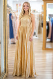 Sparkly Gold A Line Scoop Metallic Satin Prom Dress