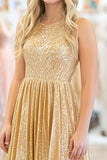 Sparkly Gold A Line Scoop Metallic Satin Prom Dress