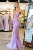 Lilac Spaghetti Straps Sheath Prom Dress with Lace Appliques