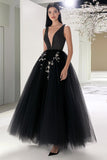 A Line Tulle Beaded V Neck Black Formal Dress