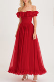 Red Off the Shoulder A Line Pleated Ruffle Formal Dress