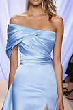 Ruched One Shoulder Satin Light Blue Formal Dress with Slit