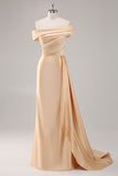 Off the Shoulder Satin Champagne Formal Dress with Drape