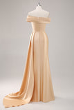 Off the Shoulder Satin Champagne Formal Dress with Drape