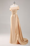 Off the Shoulder Satin Champagne Formal Dress with Drape