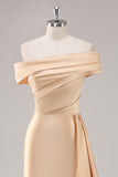 Off the Shoulder Satin Champagne Formal Dress with Drape