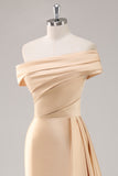 Off the Shoulder Satin Champagne Formal Dress with Drape