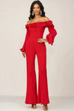 Off the Shoulder Ruffled Red Jumpsuit with Long Sleeves