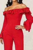 Off the Shoulder Ruffled Red Jumpsuit with Long Sleeves