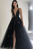 Black Tulle Beaded V Neck A Line Prom Dress with Slit