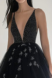 Black Tulle Beaded V Neck A Line Prom Dress with Slit