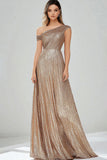 Sparkly Golden One Shoulder Sheath Formal Dress