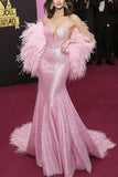 Sparkly Pink V Neck Mermaid Prom Dress with Feather Coat