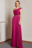 Fuchsia Beaded One Shoulder Pleated Sheath Formal Dress