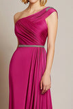 Fuchsia Beaded One Shoulder Pleated Sheath Formal Dress