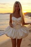 Cream Spaghetti Straps Bubble Mini Dress with Bow