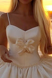 Cream Spaghetti Straps Bubble Mini Dress with Bow