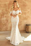 Off the Shoulder Sheath Lace Ivory Boho Wedding Dress