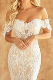 Off the Shoulder Sheath Lace Ivory Boho Wedding Dress