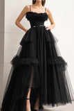 Black A Line Tulle Spaghetti Straps Formal Dress